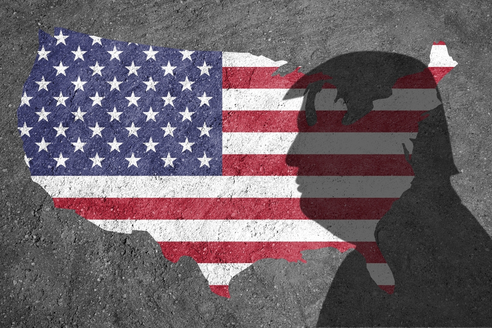 United States of America flag painted on a concrete wall. Duty, trade, customs and tariffs war