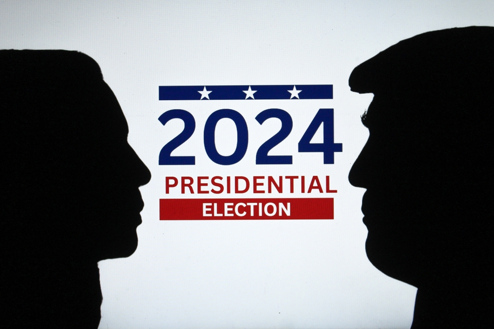 Silhouettes of Donald Trump and Kamala Harris. United States Presidential Election 2024. Donald Trump vs Kamala Harris. Photo concept for the November 5 election. Indonesia - September 2, 2024