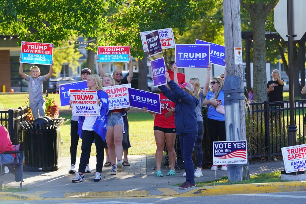 Ripon, Wisconsin USA - October 3rd, 2024: Donald Trump supporters gathered in Ripon, Wisconsin to protest Kamala Harris campaign visit stop.