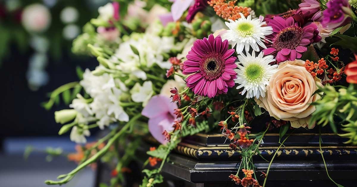 Floral arrangement on a coffin at funeral