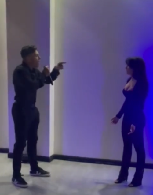 The tense moment during the birthday party confrontation as Nick Galante points at his cheating wife Samantha after revealing he knew about her alleged infidelity in front of family and friends.