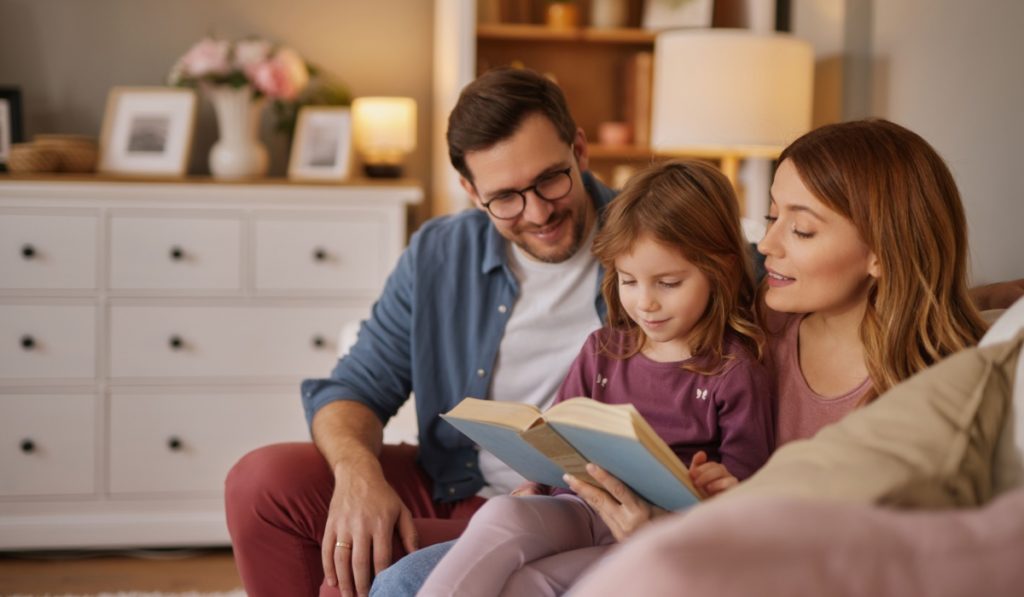 Family with little daughter reading book on sofa in living room