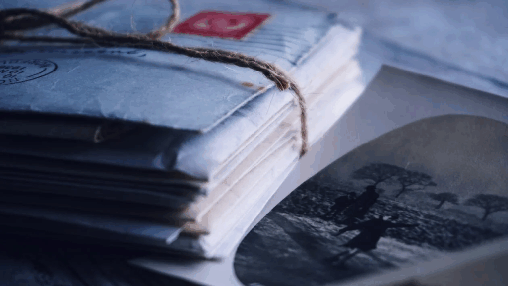 Stack of vintage letters tied with twine next to an old photograph, symbolizing memories and messages left behind for loved ones.