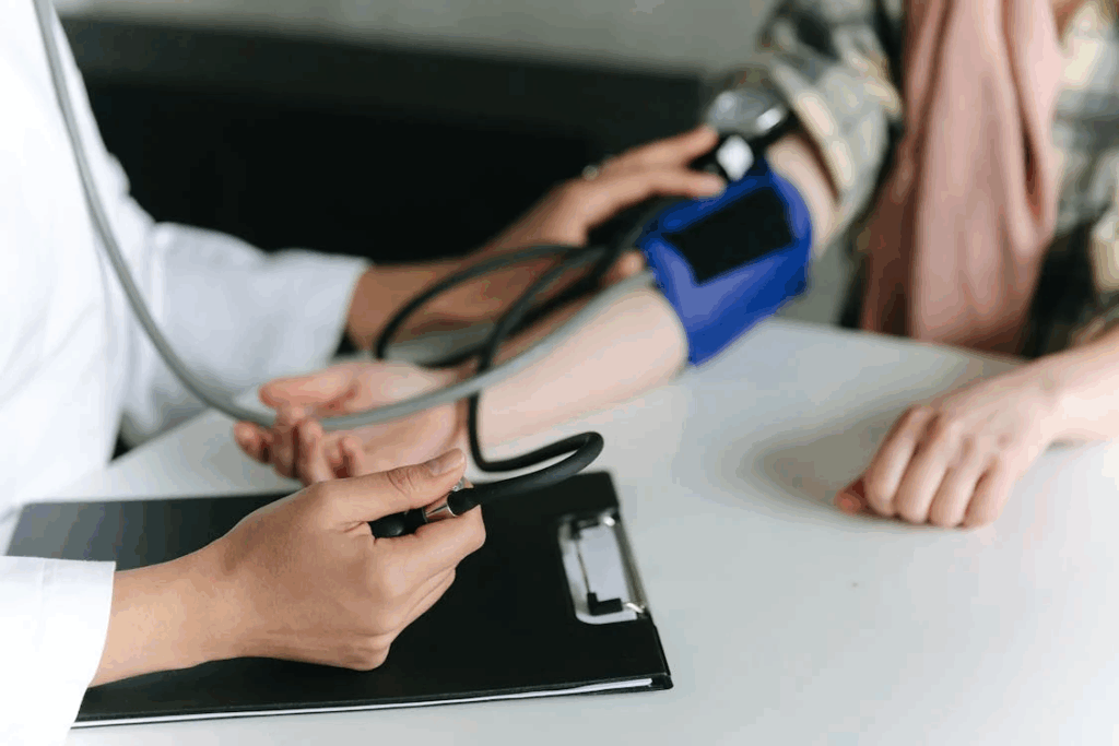 Healthcare professional taking blood pressure measurement of a patient, an important step in identifying potential rare cancer symptoms during medical examination.
