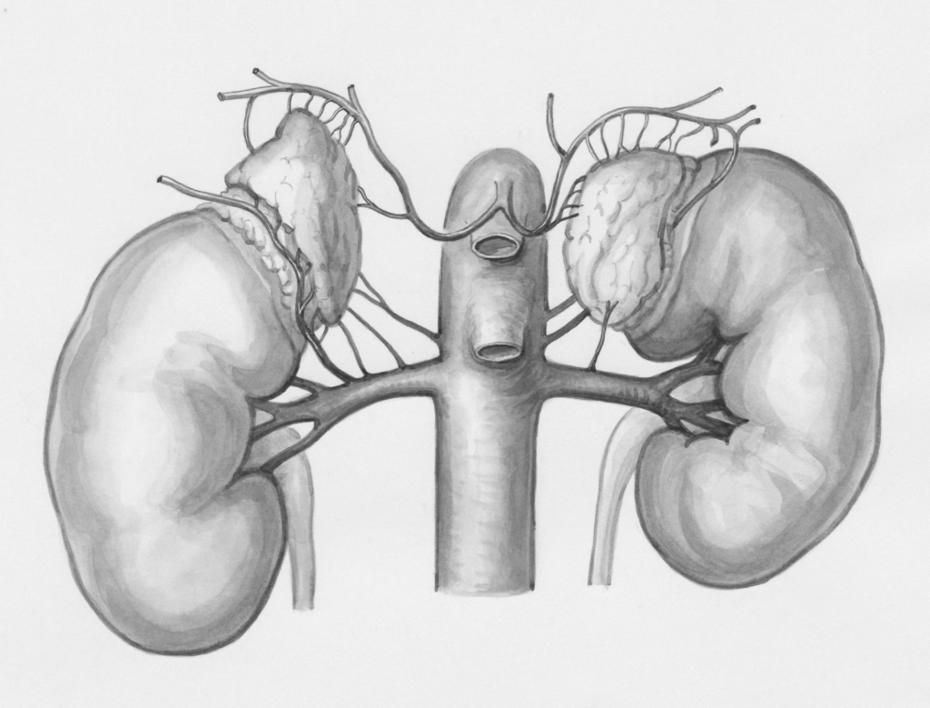 Medical illustration of kidneys and adrenal glands showing anatomical structure where rare cancer symptoms can originate, depicting the adrenal cortex and surrounding blood vessels.