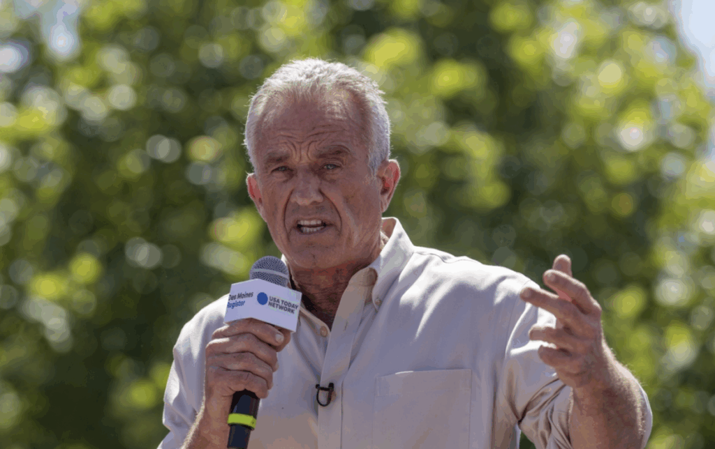 Des Moines, Iowa, USA - August 12, 2023: Author and Democratic presidential candidate Robert F. Kennedy Jr. greets supporters at the Iowa State Fair political soapbox in Des Moines, Iowa.