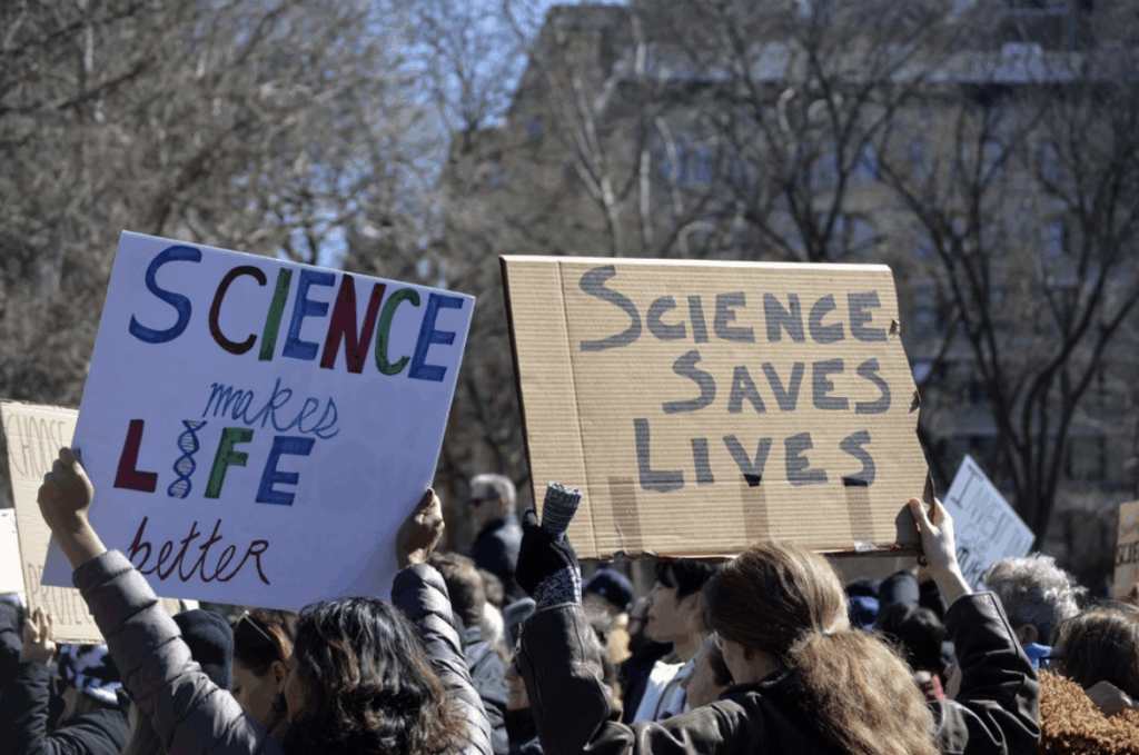NEW YORK CITY, USA - March 7, 2025: Stand up for Science rally against DOGE cuts to scientific research in Washington Square Park in Manhattan.