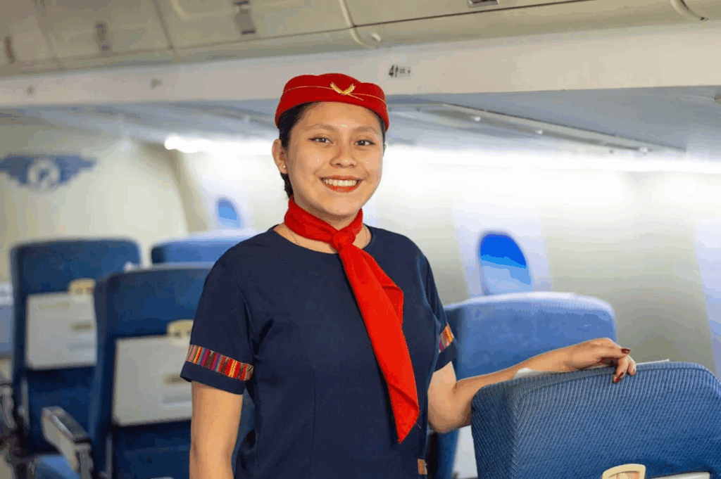Smiling Flight Attendant on plane