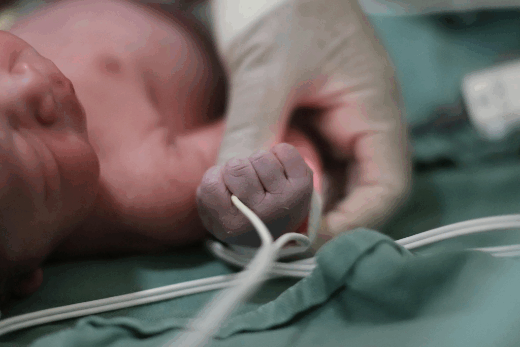 Close-up of a newborn baby's tiny hand connected to medical monitoring equipment, with an adult hand gently touching near it against a green hospital cloth background, illustrating the fragile state of an infant requiring intensive medical care after a routine circumcision procedure.