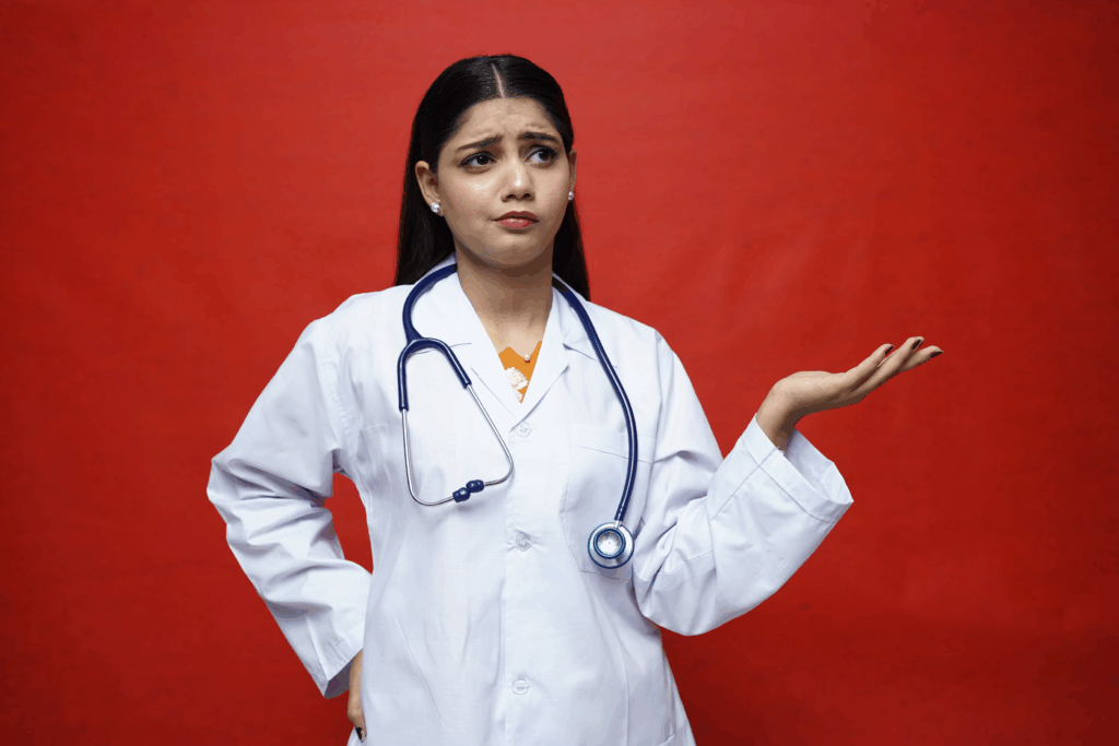 Female healthcare professional in a white coat with stethoscope, with one hand raised in a questioning gesture against a bright red background, representing the important questions parents should ask doctors about circumcision risks, benefits, and special considerations before making their decision.