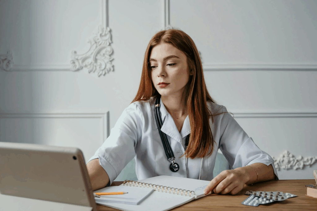 Female healthcare provider with long red hair in a white medical coat sitting at a desk with notebooks, medication packages, and a tablet, focused on reviewing medical information in an elegantly decorated medical office setting.