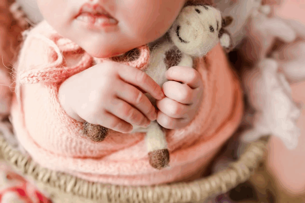 Primer plano de un bebé recién nacido sosteniendo un juguete de peluche