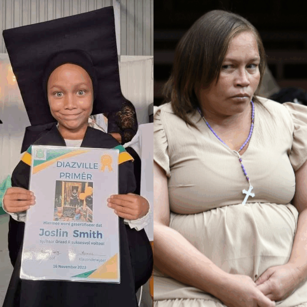Left: Joslin Smith holding her class gradution certificate while wearing a robe and hat.
Right: Kelly Smith seen in court for child trafficking, wearing a beige shirt and purple beaded necklace.
