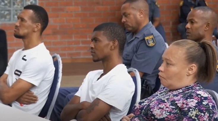 Jacquen Appollis, Steveno van Rhyn, and Kelly Smith, seated in the courtroom while on trial for child trafficing and kiddnapping.