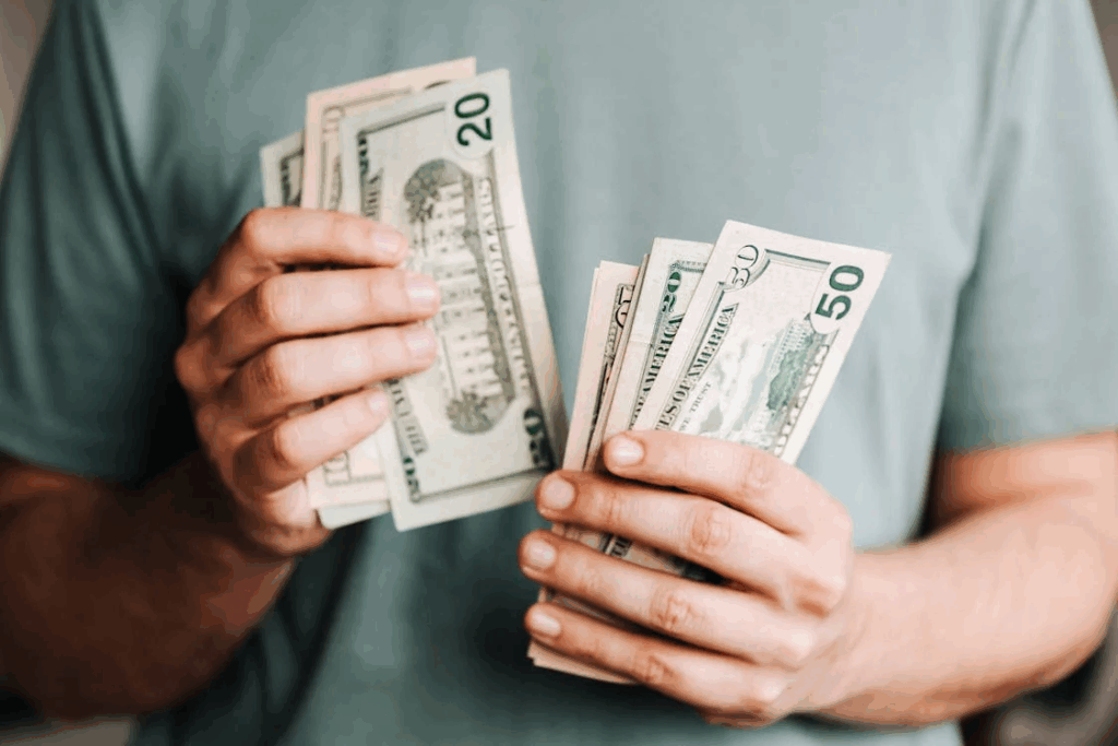 Hands holding a mix of U.S. currency bills, including $20s and $50s, symbolizing financial transactions or budgeting. This image underscores the need for families to find balance between supporting adult kids and maintaining their own financial stability.