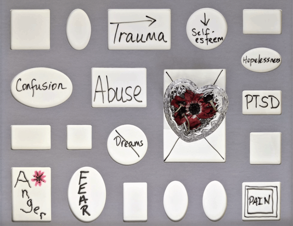 Artistic arrangement of labeled white tiles on gray background with words like 'Trauma,' 'Abuse,' 'PTSD,' 'Fear,' and 'Pain,' surrounding a broken heart symbol, representing the emotional and psychological impacts of abusive relationships.