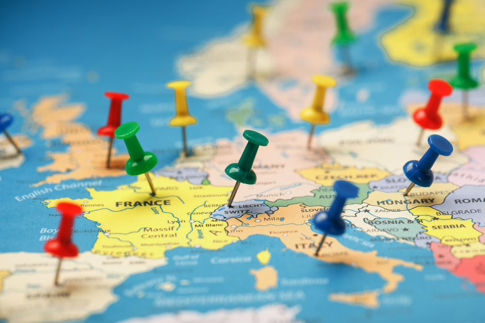 The multi-colored buttons indicate the location and coordinates of your destination on the Map of the Country. Concert button indicates countries and cities of Europe