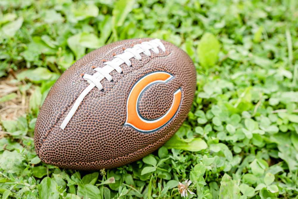 Rockford, WI / USA.- Feb 12, 2019: Football with Chicago Bears logo the on grass. Chicago Bears of the National Football Conference North.
