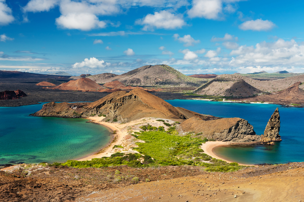 Ecuador. Galapagos Islands. View of two beaches of Bartolome Island in Galapagos Islands National park. Pinnacle Rock. Famous travel destination of Galapagos Islands.