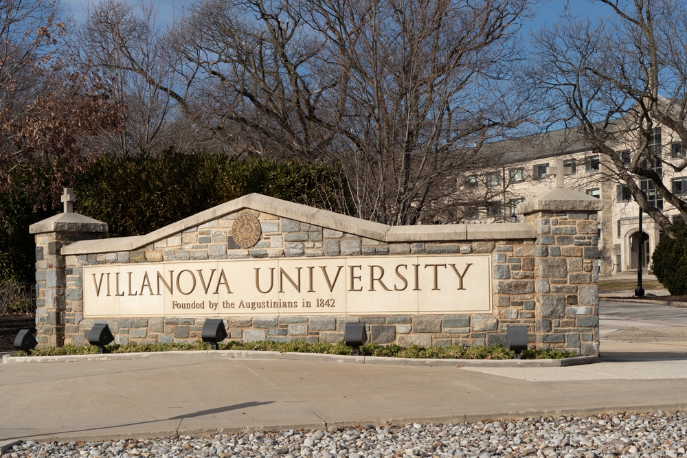 Villanova, Pennsylvania: January 1, 2022: Entrance Sign to Villanovia University. Villanovia is a private research university near Philadelphia, Pennsylvania.