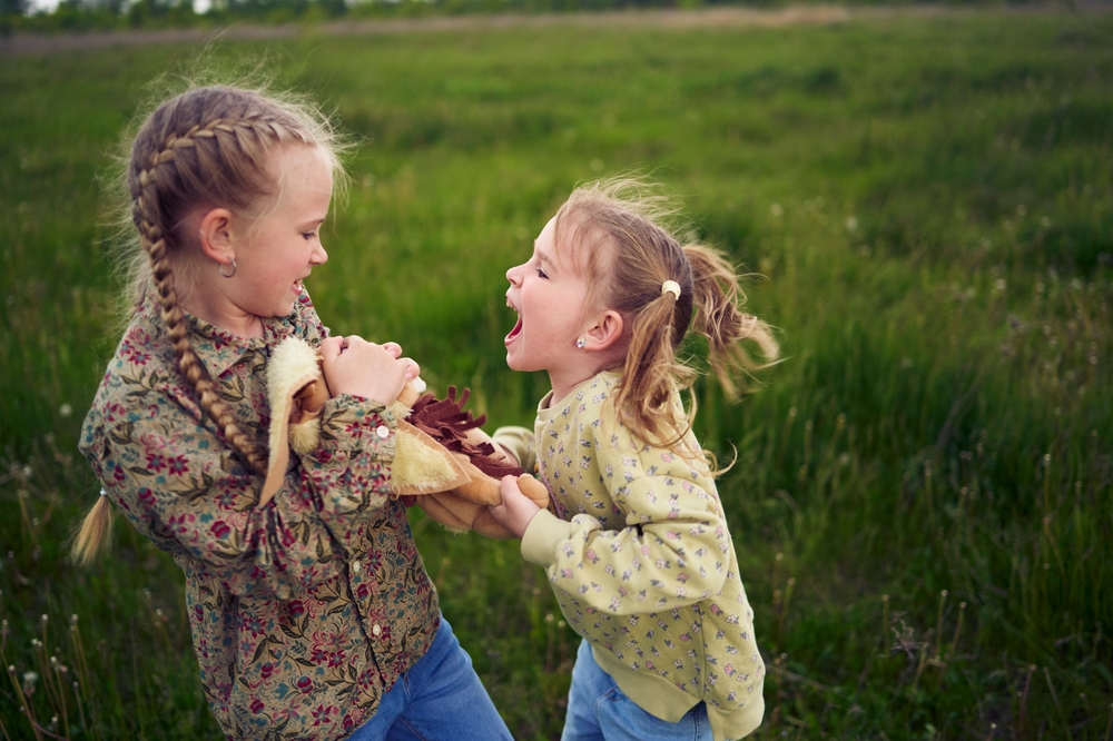 two sisters fight over a toy bunny