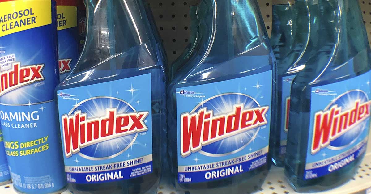 Bottles of Windex, window cleaner, on store shelves