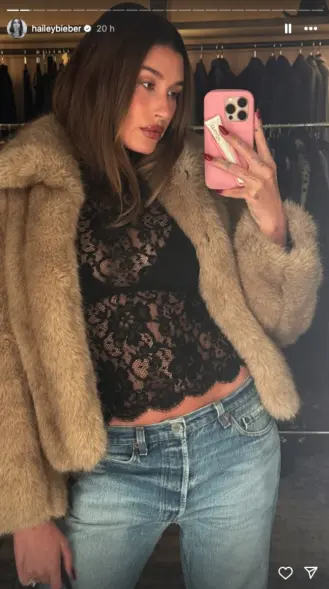 Hailey Bieber recently wore jeans and a lace top in one of her Instagram stories.