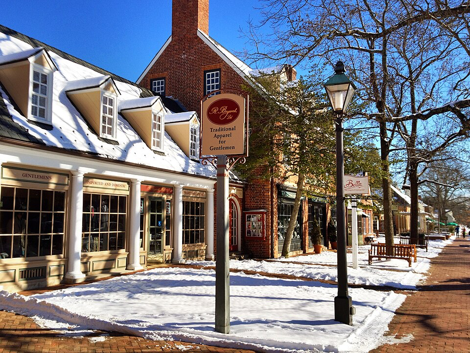 Snow-covered Duke of Gloucester Street lined with charming colonial shops and historic taverns within easy walking distance.