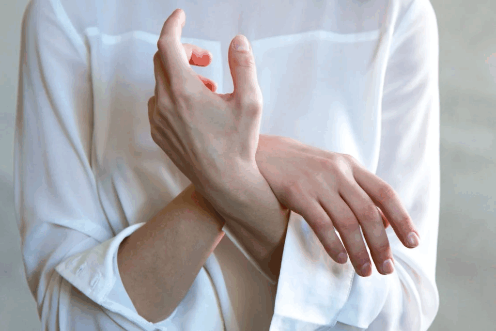 woman holding up her hands in agony