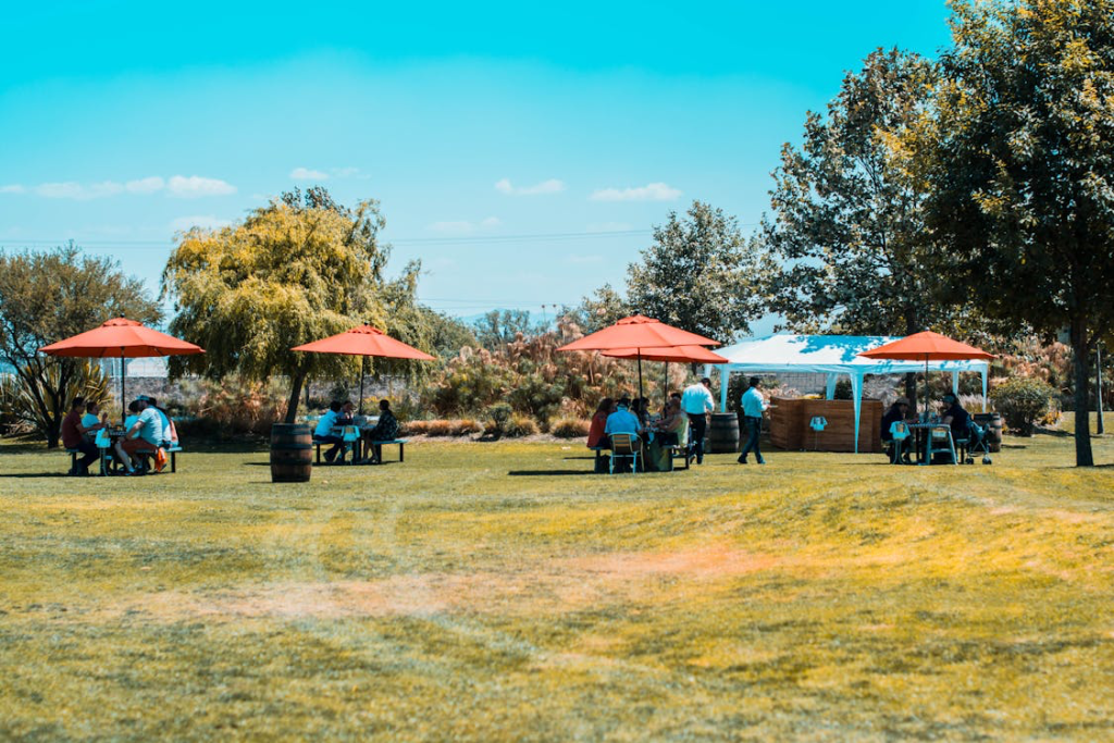 Community gathering in one of the happiest cities with people socializing under colorful umbrellas in a sunny park, demonstrating the social connections that foster urban happiness.