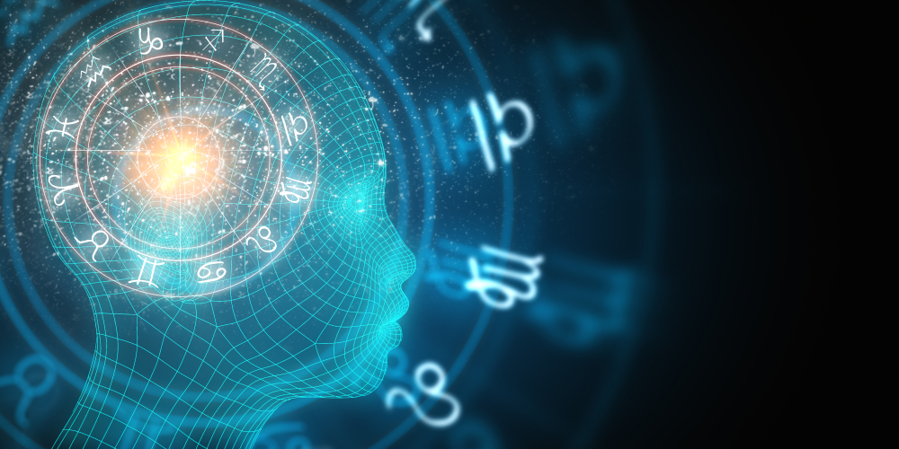 Abstract digital head profile with horoscopic wheel on dark backdrop. Fortune and future concept. 3D Rendering