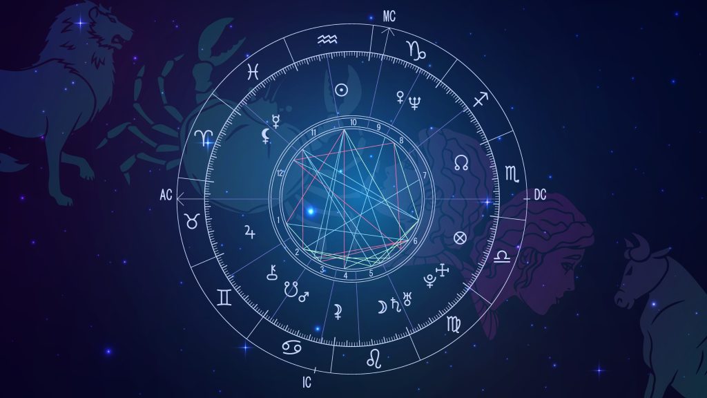 The scheme of the natal chart against the background of the starry sky and the constellations of the zodiac