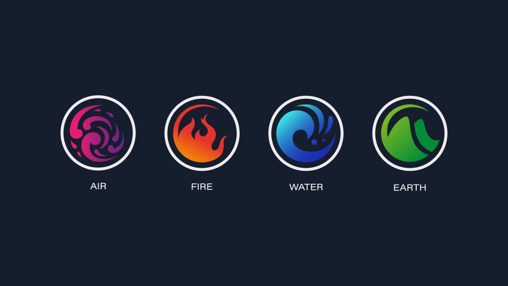 Four element nature icon logo vector. Abstract Wind, Air, fire, water, earth symbol design for game or app concept.