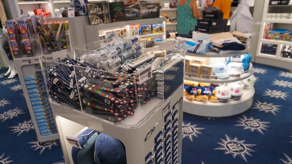 Miami, USA - April 29, 2022: Interior of the shop or store at Atrium in the at new cruise ship or new flagship of MSC Seashore, the largest cruise ship built in Italy.
