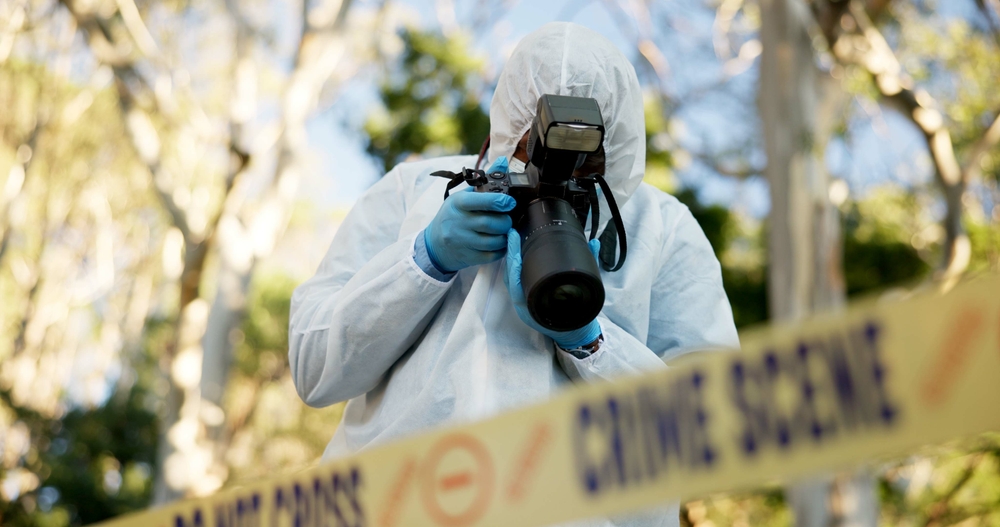 Csi, photographer and police tape at crime scene for investigation in forest with evidence and safety hazmat..Forensic quarantine, expert investigator and pictures for observation and case research