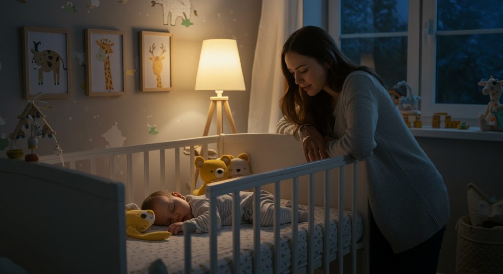 Make a photo about a sleeping baby, with a mother standing behind the crib. in the background show a nursery room in a night time lighting.
