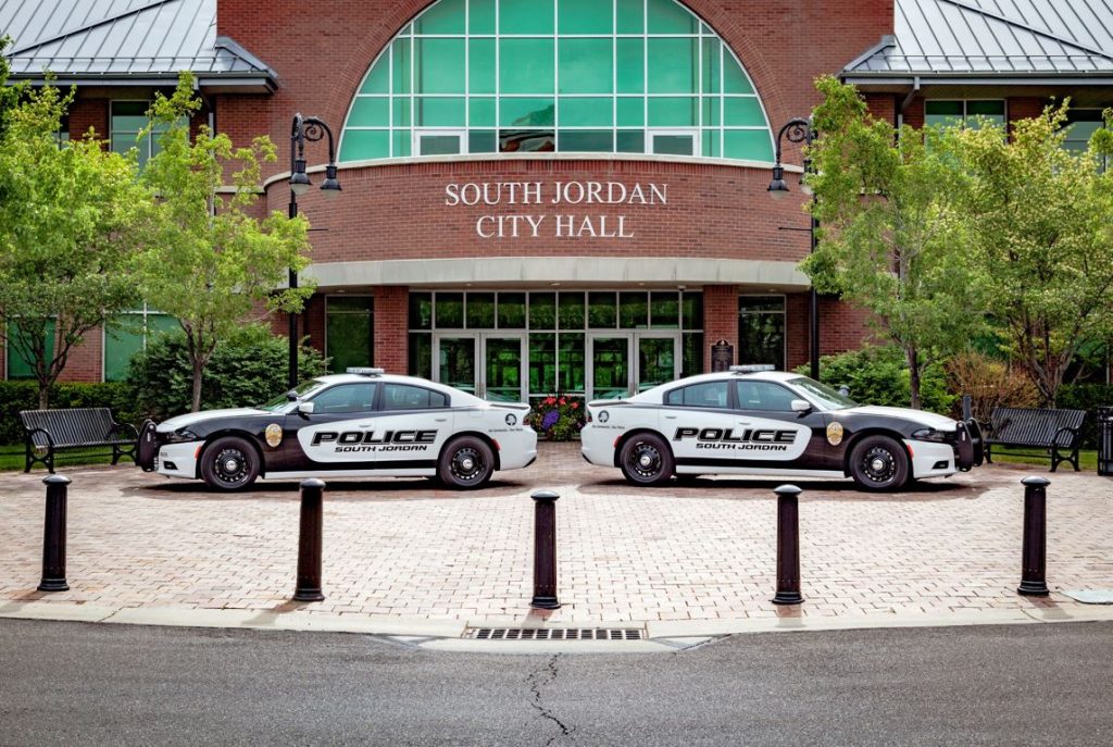 South Jordan Police Department vehicles in front of city hall