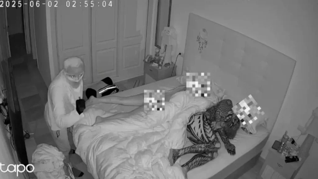 Timestamped security footage from June 2, 2025 at 2:55 AM showing masked trespasser in bedroom, areas pixelated for privacy.