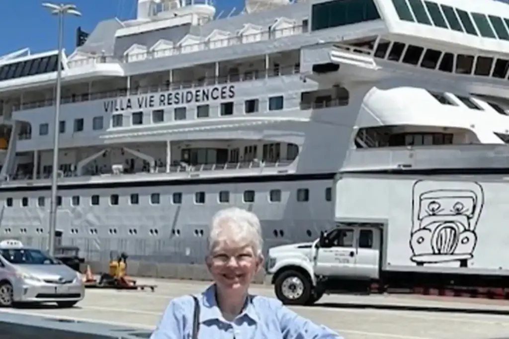 Sharon Lane stands in front of the Villa Vie Odyssey before boarding on June 16, 2025.