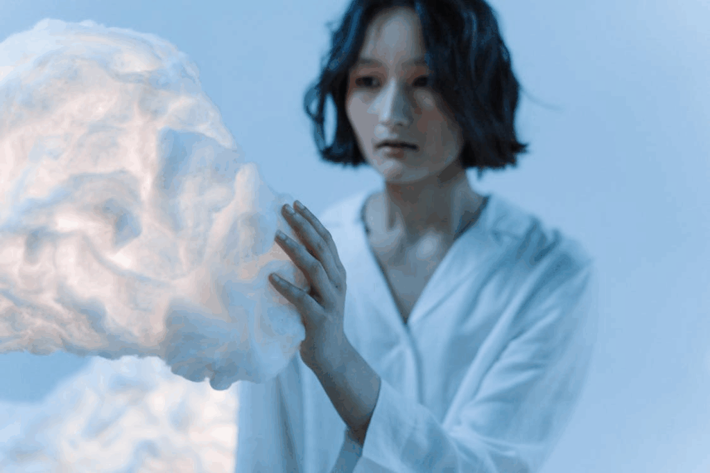 woman in white touching cloud lamp