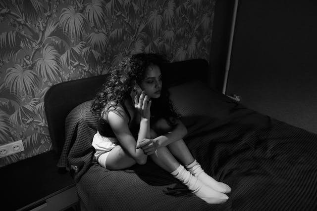 sad woman on phone