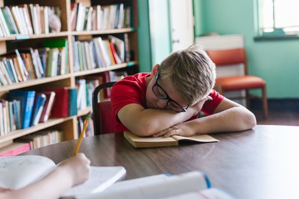 A Boy Fell Asleep while Reading a Book
