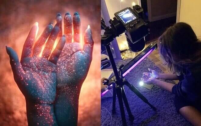 sparkling hands under UV light