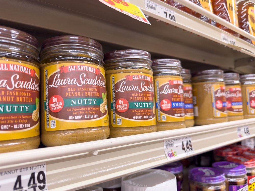 Los Angeles, California, United States - 02-01-2023: A view of several jars of Laura Scudder's peanut butter, on display at a local grocery store.