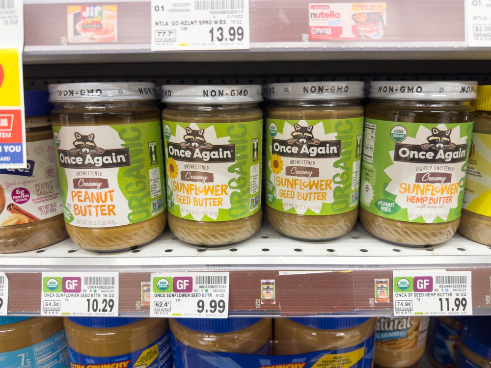 Los Angeles, California, United States - 05-05-2023: A view of several jars of Once Again nut butters, on display at a local grocery store.
