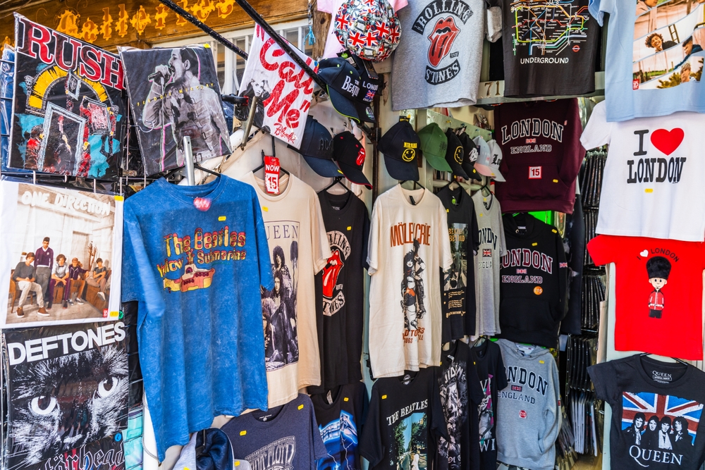 Portobello Road Market. Iconic Graphic T Shirts and Trendy Fashion Stall. London, UK, 25 June 2023