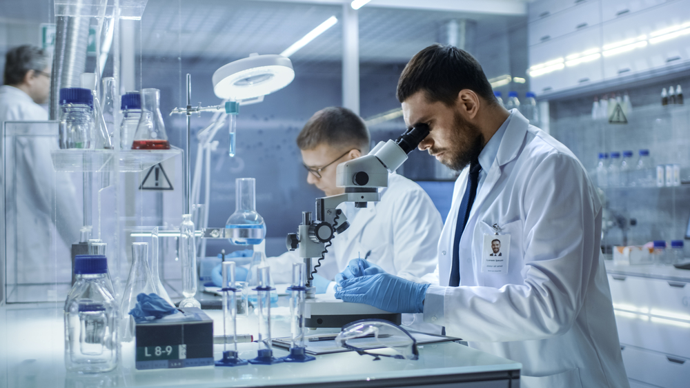 In a Modern Laboratory Two Scientists Conduct Experiments. Chief Research Scientist Adjusts Specimen in a Petri Dish and Looks on it Into Microscope.
