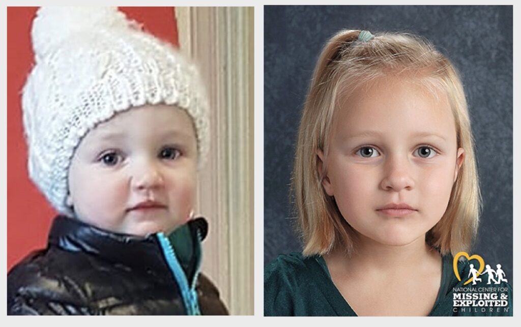 London Kerr before she went missing (left) and a 5 year age-progressed photo (right)