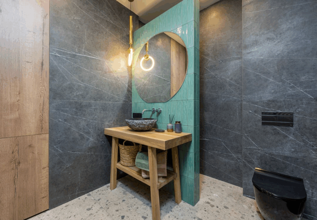 Neutral color schemes are no longer the only option for modern bathrooms.