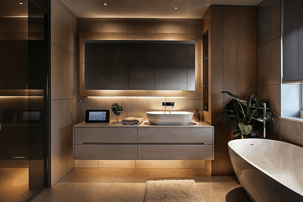 Functional tech features are becoming an integral part of bathroom spaces.